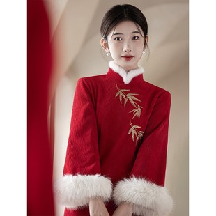 红色旗袍敬酒服新娘结婚订婚礼秋冬季倒大袖新中式加绒加厚小个子
