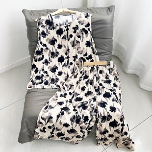 圆领阔腿裤 宽松大码 套装 薄款 两件套微胖人造棉t恤 女夏季 棉绸无袖