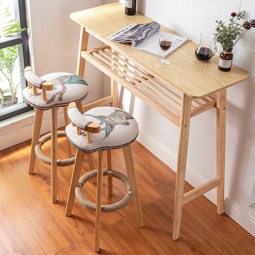 实木吧台桌椅组合家用北欧创意简约高脚靠墙桌长条奶茶店客厅隔断