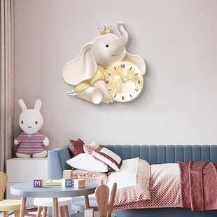 儿童房间静音环保挂钟卡通温馨大象钟表装 饰画卧室餐厅奶油风钟表
