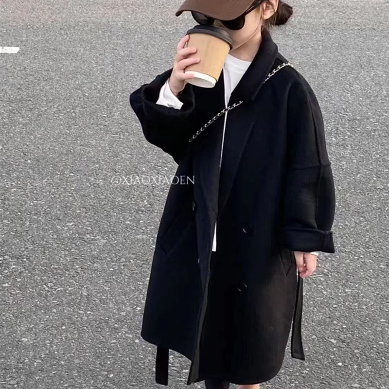 韩国童装2023秋装新款毛呢大衣外套秋冬款儿童黑色中长版呢子大衣