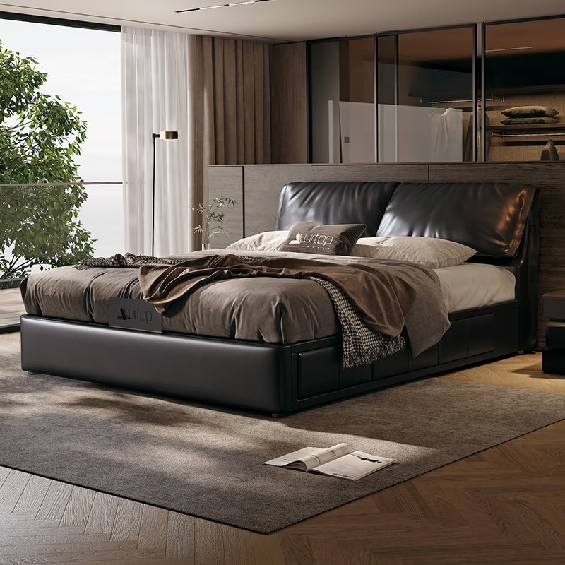 大象耳朵2025新款p主卧床储物黑色真皮床轻奢高端大气落地双人大