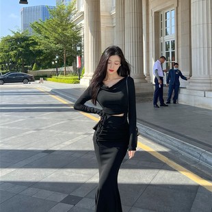 10.9【黑白杏】鱼尾裙套装大衣内搭厚版抽绳调解衣长鱼尾半裙