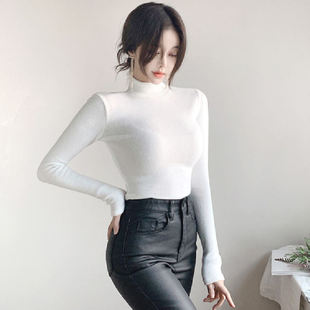 德绒加绒加厚半高j领打底衫女高弹力红色T恤2021秋冬长袖紧身内搭