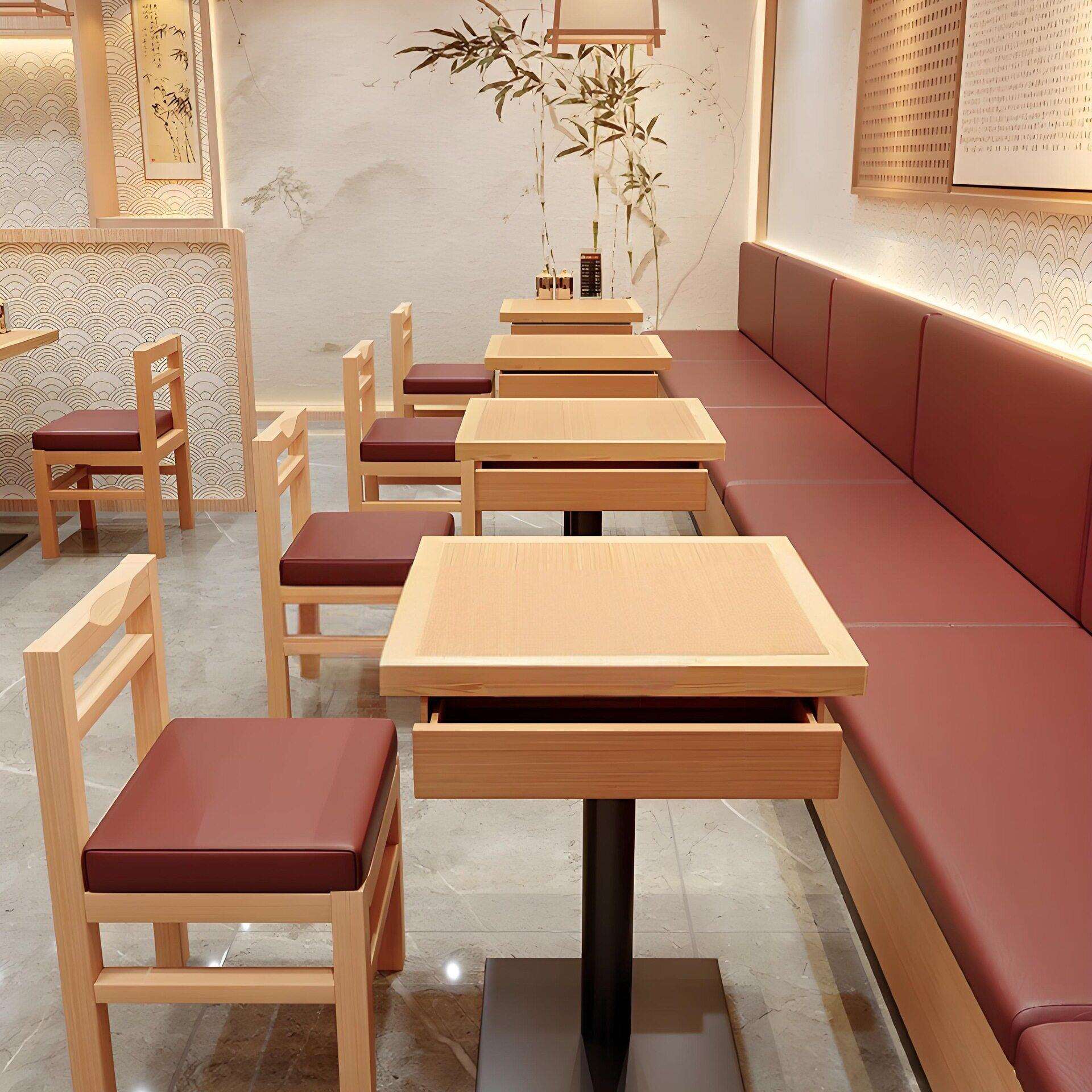 小吃面馆桌椅连锁快餐店实木餐桌卡座沙发烤肉拌饭店带抽屉方桌