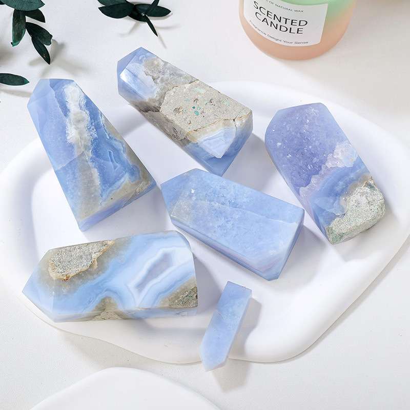 天然蓝纹玛瑙四面柱摆件水晶原石打磨玛瑙玉髓晶洞单尖柱摆件