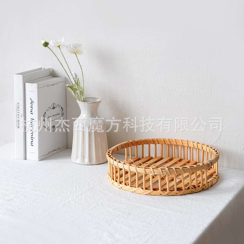 藤编木片圆形收纳盘隔条置物筐桌面茶盘杂物收纳筐收纳盘套装