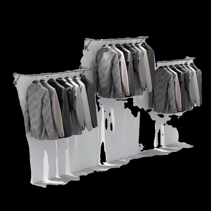 服装店展示架银色壁挂式陈列侧挂服装货架不锈钢上墙挂衣架置物架