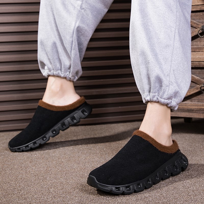 包头拖鞋男加绒保暖半拖鞋一脚蹬透气办公室轻便凉拖棉鞋男特大码