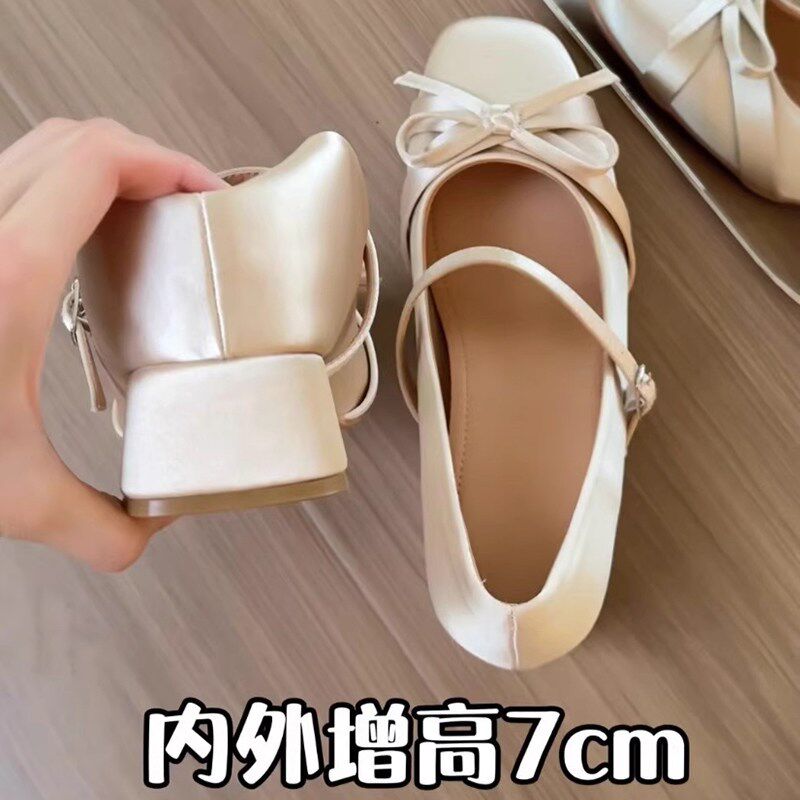 内增高7cm绸缎面蝴蝶结高跟鞋2025新款法式单鞋女粗跟玛丽珍女鞋