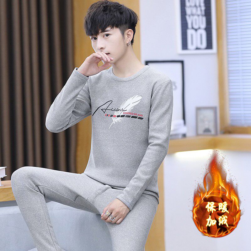 保暖内衣男套装加绒加厚青少年学生圆领打底衫秋衣秋裤冬季可外穿