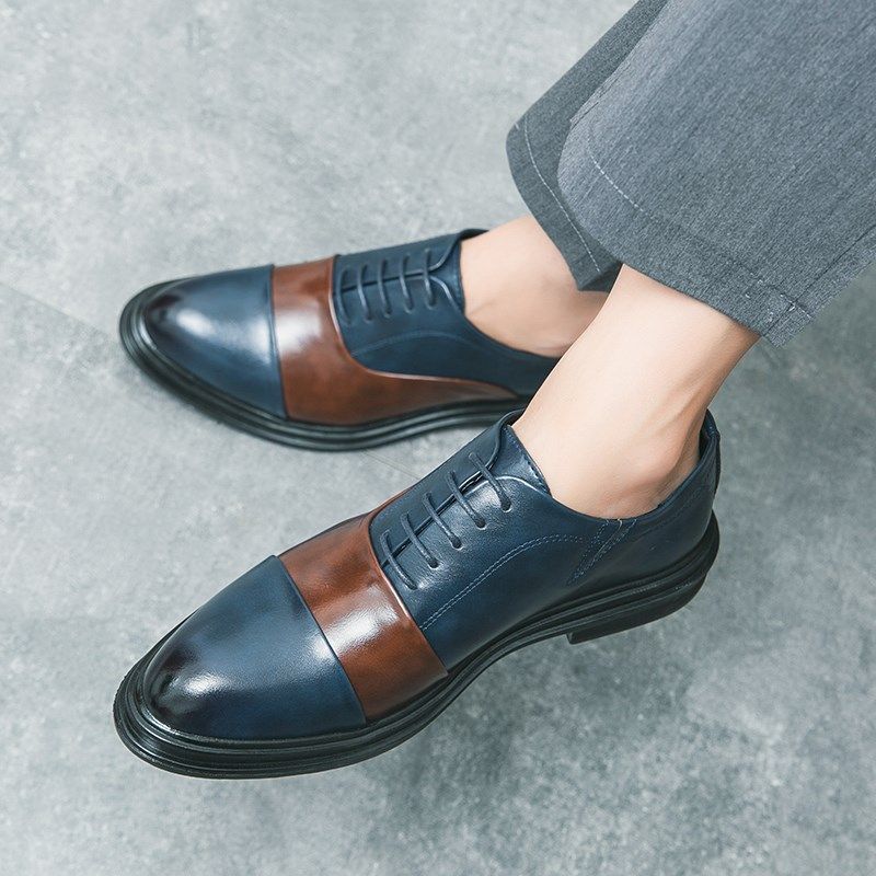 男士皮鞋尖头英伦风牛津德比鞋透气三接头商O务正装拼色新郎结婚