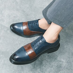男士皮鞋尖头英伦风牛津德比鞋透气三接头商O务正装拼色新郎结婚