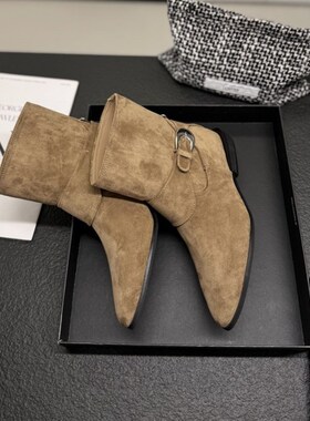 欧美尖头短靴女2k025秋皮带扣套筒西部靴低跟气质时装靴青年靴子