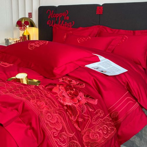 简约结婚四件套大红色牀单被套全棉婚庆牀上用品婚房陪嫁