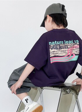 男童短袖T恤儿童夏装上衣2025夏季童装新款男孩时尚紫色半袖衣服