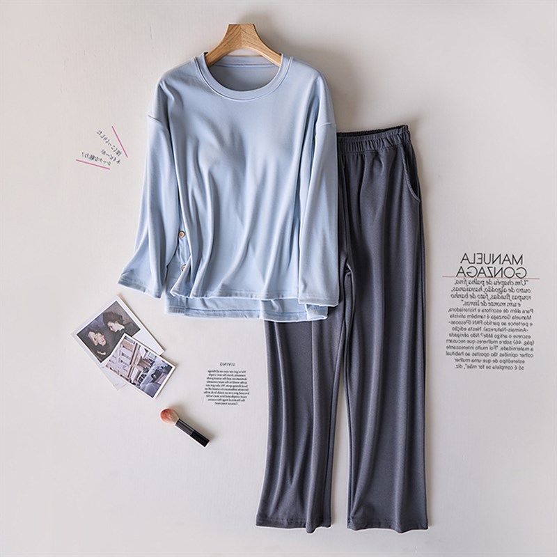 简约磨毛薄绒带胸垫睡衣女春秋季长袖长裤休闲宽松家居服套装冬季