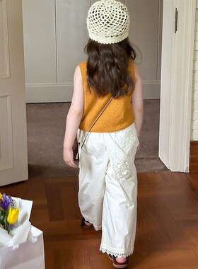 2025夏装女童裤子韩版时髦甜美风蕾丝花边屁帘直筒阔腿裤25C024