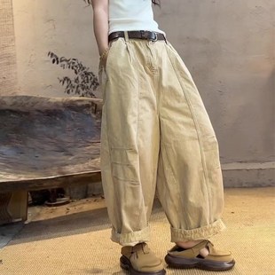 感棉麻大码 慵懒风休闲直筒裤 阔腿裤 新款 女2025夏季 卡其色高级时尚