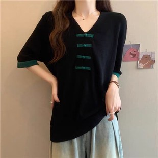 2024复古国风冰丝短袖 大码 新款 胖mm夏装 T恤盘扣V领遮肚子上衣 女装