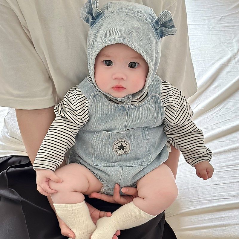婴儿连体衣春秋季男女宝宝条纹长袖T牛仔背带裤爬服包屁哈衣套装,童装/婴儿装/亲子装,套装,淘宝优惠券,粉丝福利购,淘宝优惠卷