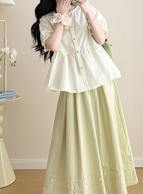 孕妇浅绿色连衣裙套装夏2025新款清新减龄娃娃衫上衣半身裙两件套