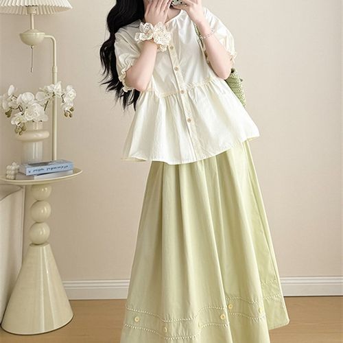 孕妇浅绿色连衣裙套装夏2025新款清新减龄娃娃衫上衣半身裙两件套
