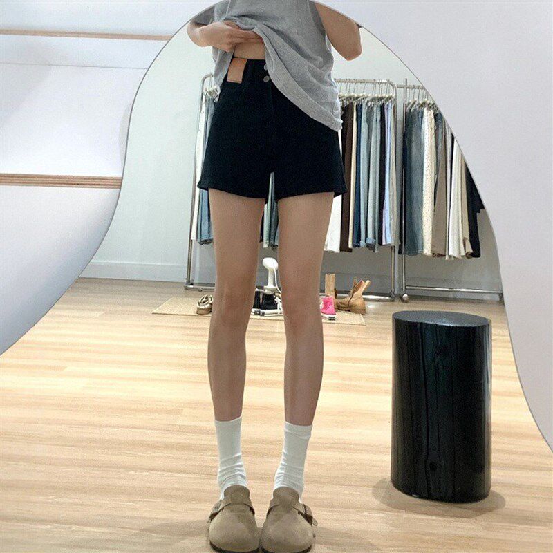 黑色牛仔短裤女夏季薄款胖妹妹mm梨型身材高腰弹力显瘦a字热裤子