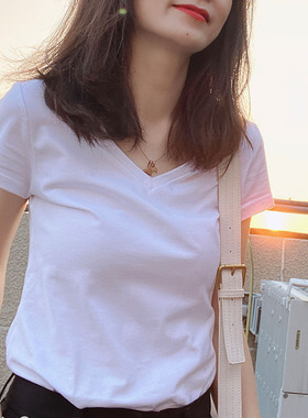 白色t恤女短袖2021年新款修身纯棉上衣春夏季显瘦V领圆紧身打底衫