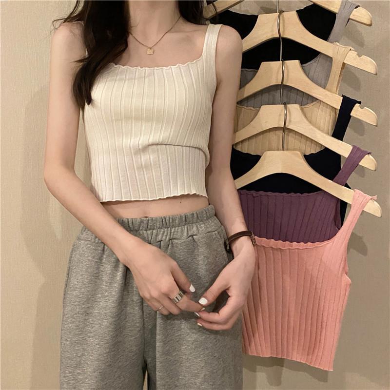夏季2025新款韩版小个子百搭卷边露脐短款上衣外穿针织吊带背心女