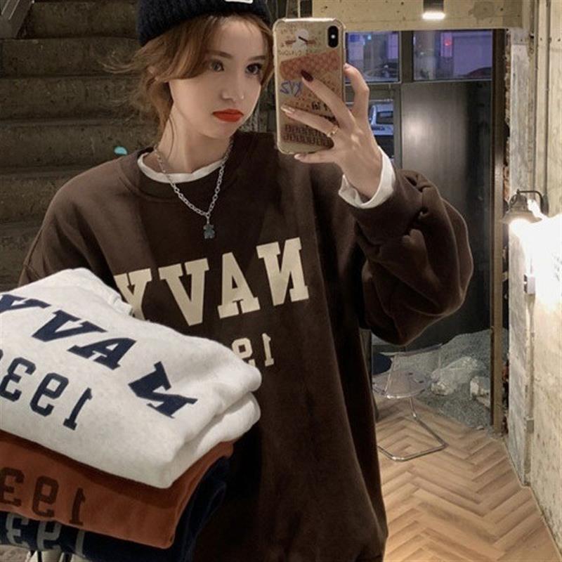 韩版小众休闲情侣字母印花卫衣女oversize加绒外套潮