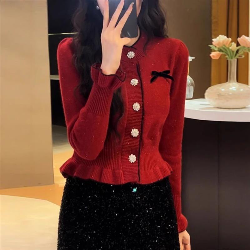 小香风红色毛衣外套女秋冬2025新款爆款时尚洋气短款针织开衫上衣