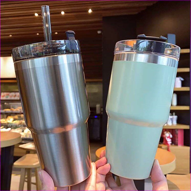 新款高档大容量冰霸杯水杯304不锈钢保温杯带吸管简约ins咖啡奶茶