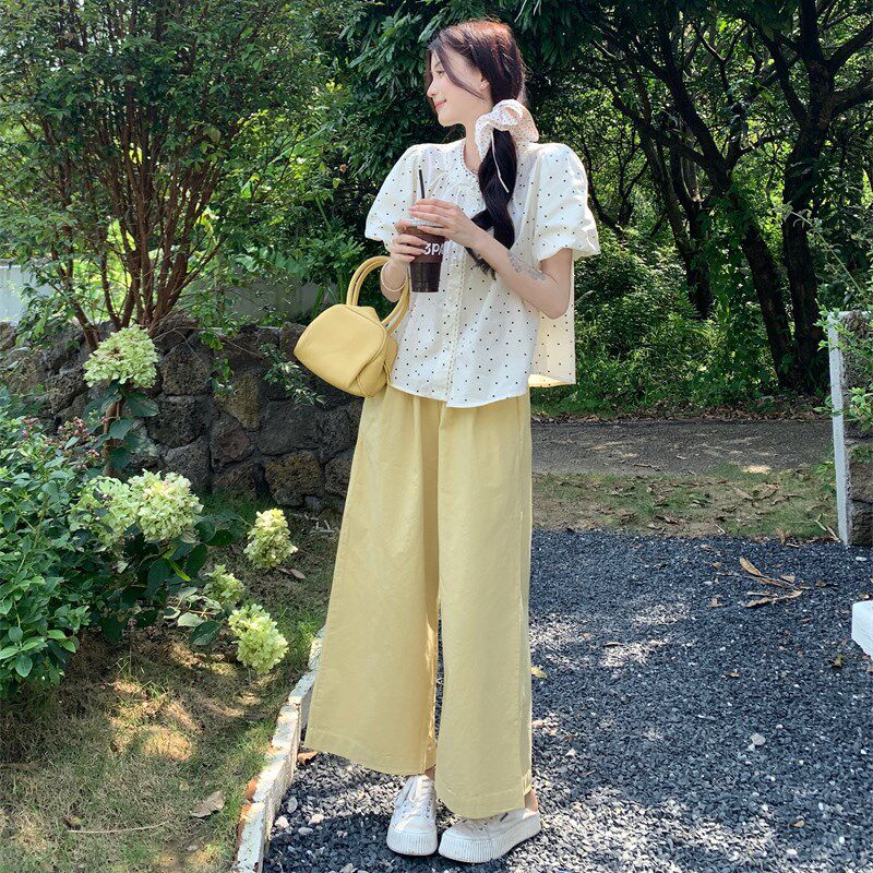法式波点衬衫阔腿裤套装女夏季20A25新款初高中学生花边宽松两件
