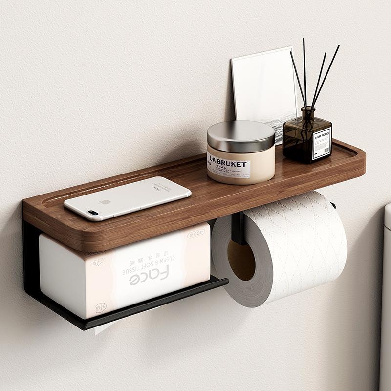 卫生间墙上置物架免打孔浴室纸巾盒实木壁挂式抽纸盒厕所收纳架子