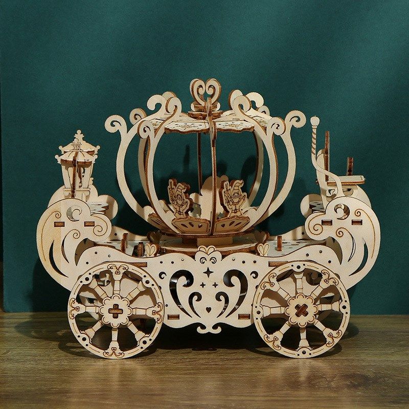 木质音乐旋转南瓜车拼图立体拼板儿童益智拼装模型玩具带发条可动