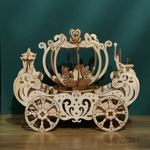 木质音乐旋转南瓜车拼图立体拼板儿童益智拼装模型玩具带发条可动