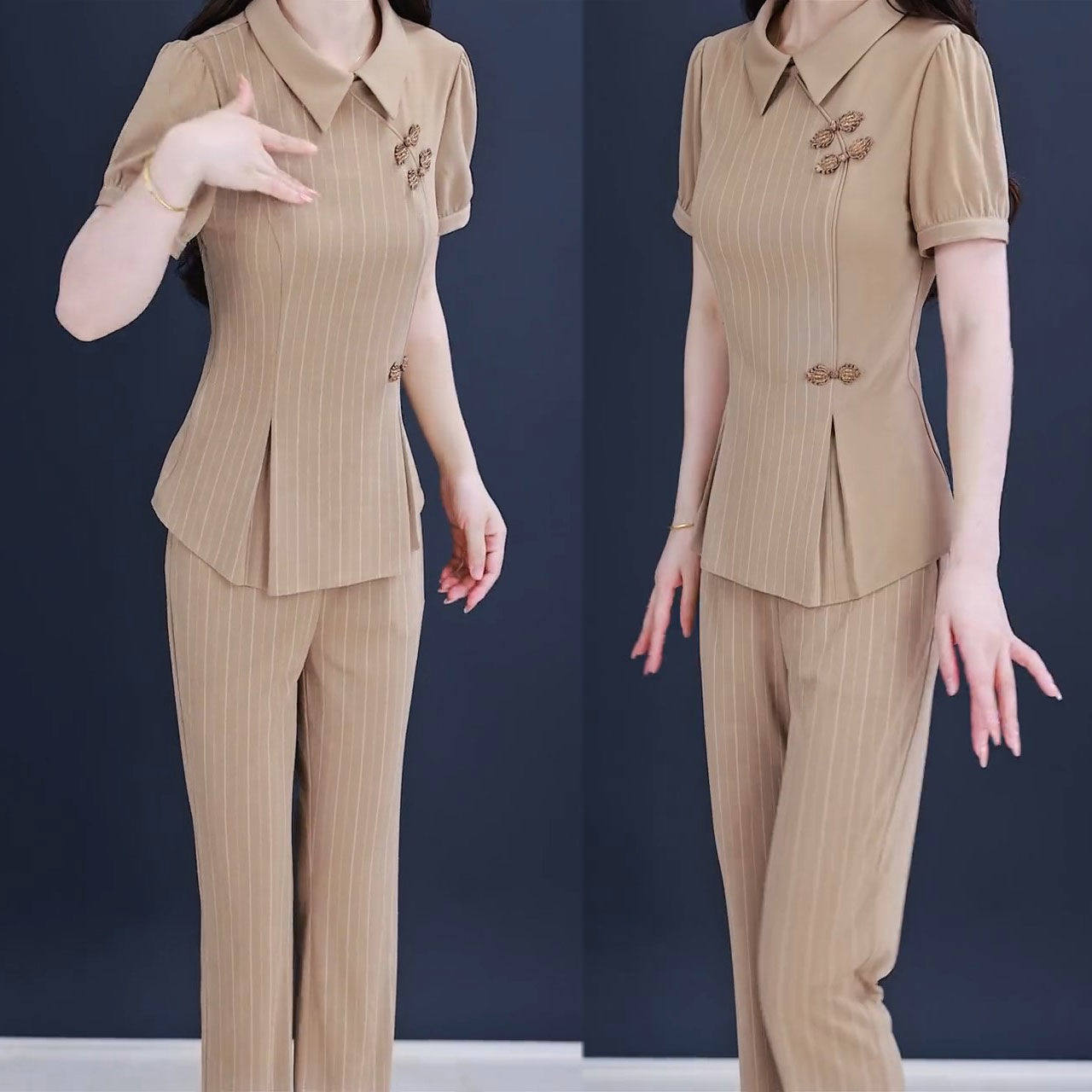 2024夏季新款气质显瘦国风套装女盘扣条纹短袖上衣微喇叭裤两件套,女装/女士精品,时尚套装,淘宝优惠券,粉丝福利购,淘宝优惠卷