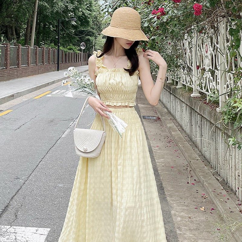 温柔套装女荷叶边褶皱吊带背心夏季新款松紧高腰大摆半身裙两件套,女装/女士精品,时尚套装,淘宝优惠券,粉丝福利购,淘宝优惠卷