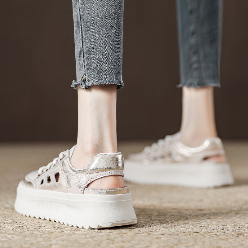 洋气复古厚底镂空小白鞋女款2024年新款夏天配裙子外穿休闲凉鞋女