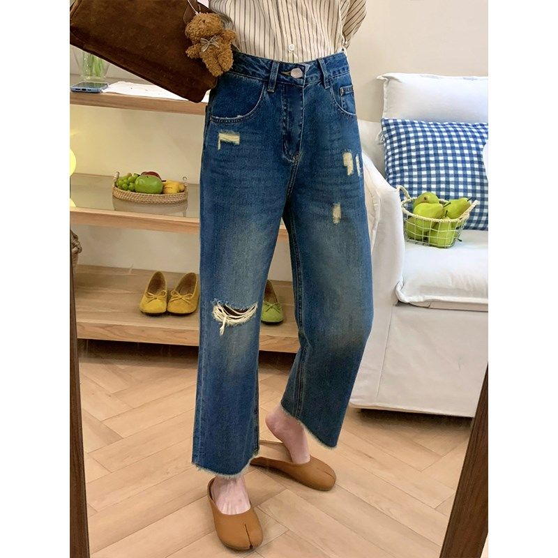 蓝色直筒破洞牛仔裤女夏季新款大码胖mm显瘦梨形身材宽松阔腿裤子,女装/女士精品,大码裤装,淘宝优惠券,粉丝福利购,淘宝优惠卷