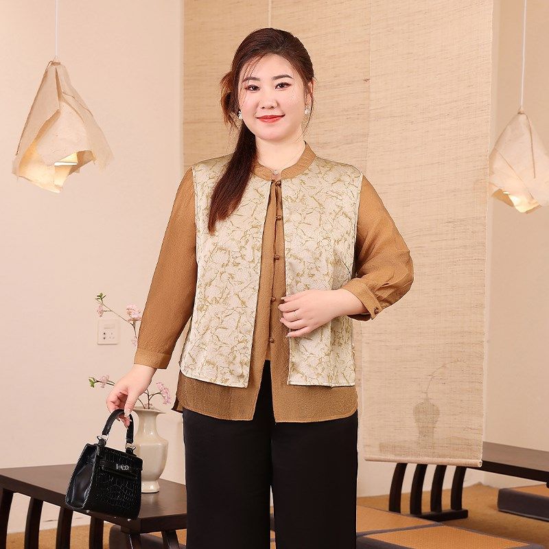 春装新款衬衫加大码胖妈妈新中式时尚国风洋气加肥假两件长袖衬衣,女装/女士精品,大码内搭,淘宝优惠券,粉丝福利购,淘宝优惠卷