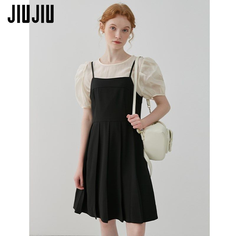 JIUJIU法式气质套装女2024夏季新款泡泡袖上衣+吊带连衣裙两件套,女装/女士精品,时尚套装,淘宝优惠券,粉丝福利购,淘宝优惠卷