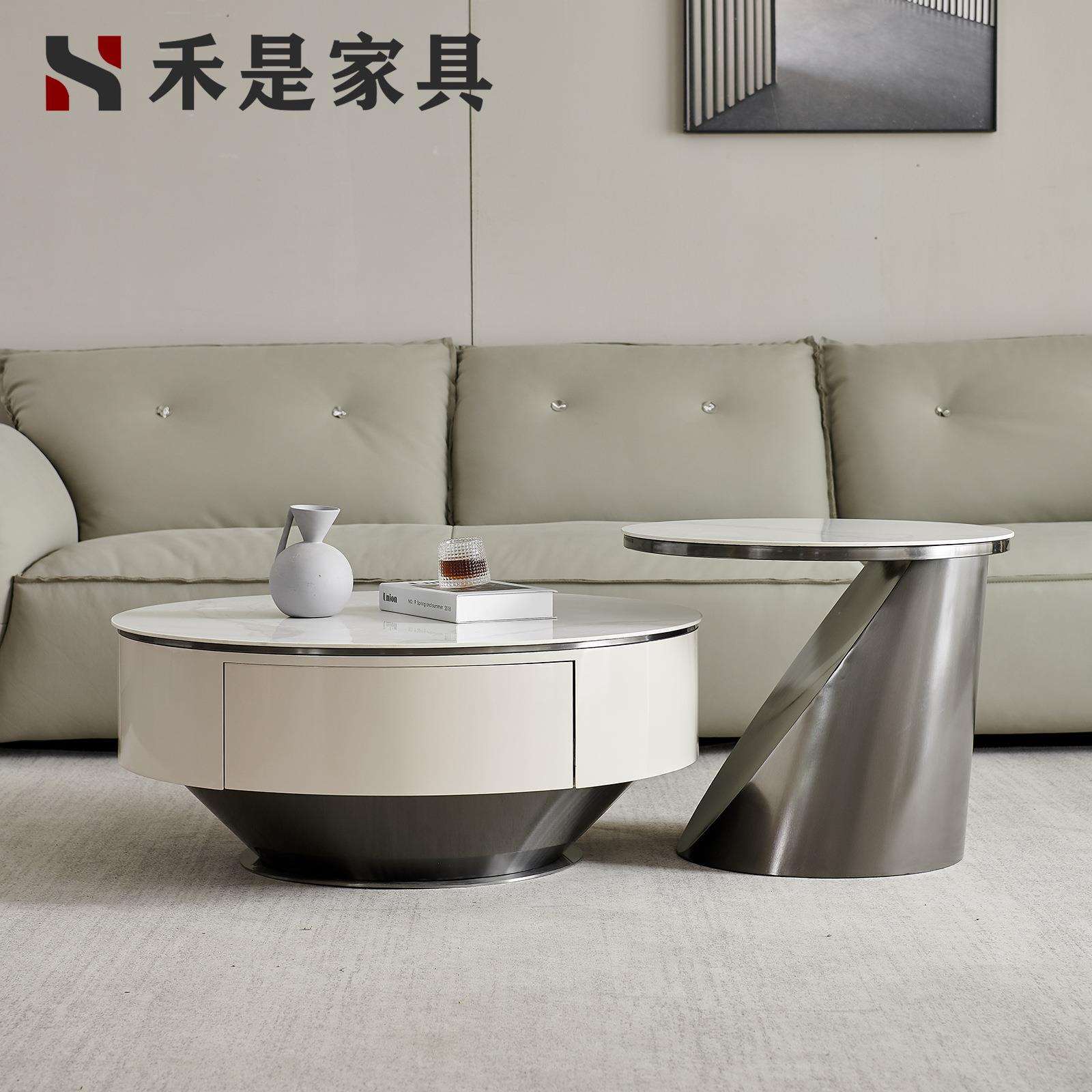 意式轻奢现代简约高端不锈钢岩板圆茶几电视柜组合小户型客厅家用