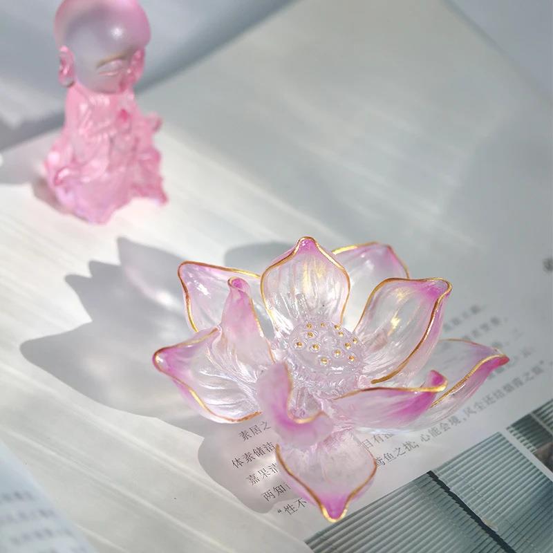 东魅清语莲花香插古法琉璃粉白莲花渐变桌面摆件饰品线香茶室底座