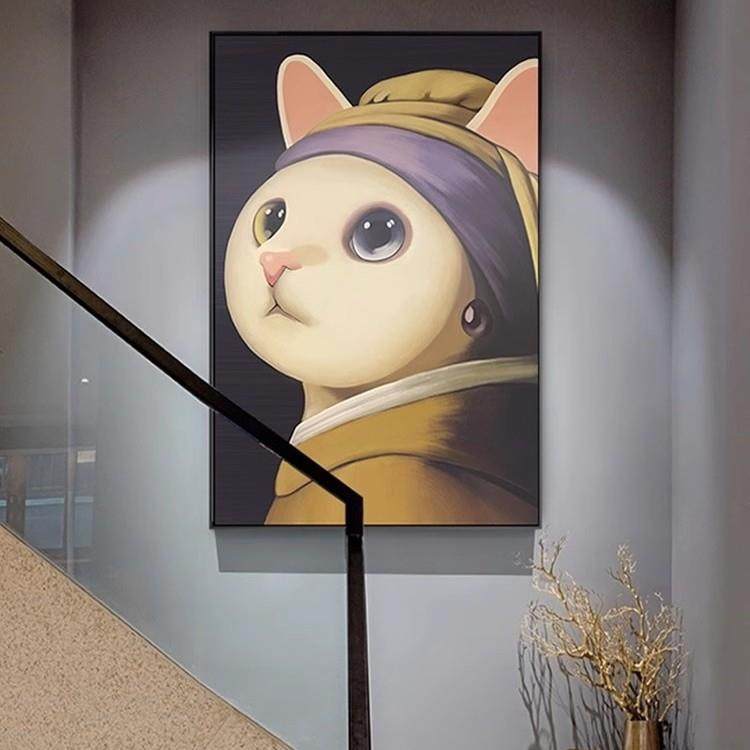 戴珍珠耳环的少女装饰画小众艺术猫北欧客厅壁画现代简约玄关挂画