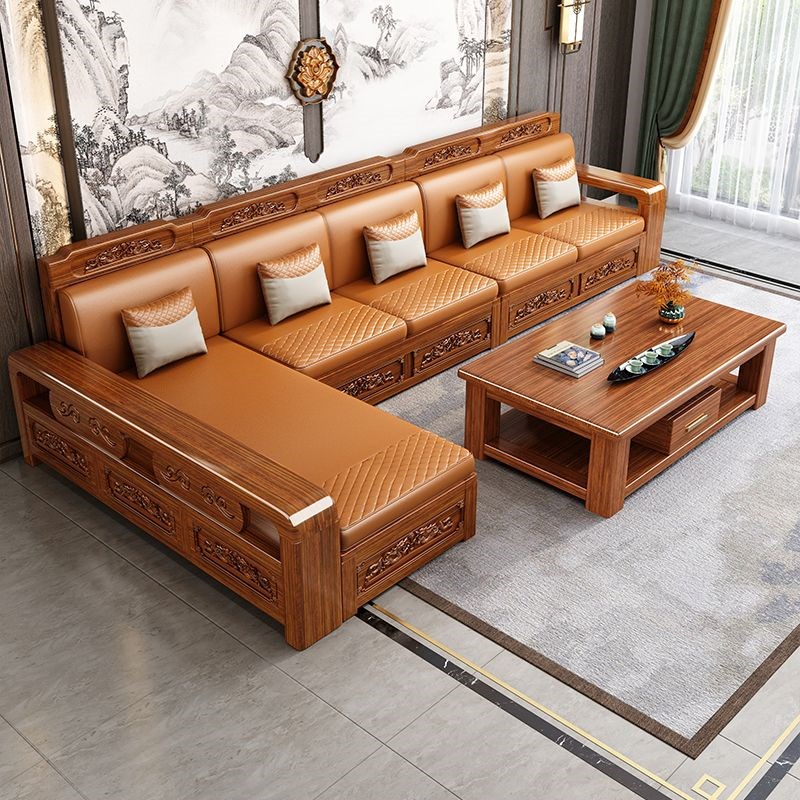 新中式胡桃木实木沙发冬夏两用猫爪皮坐垫客厅雕刻一体贵妃沙发