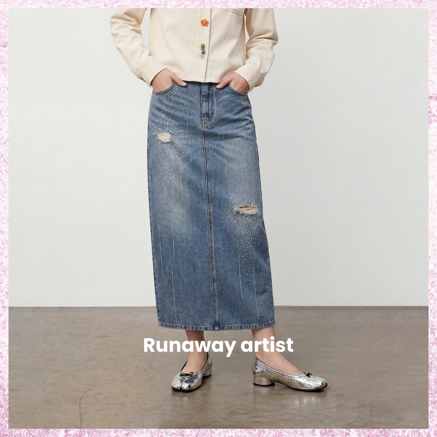 Runawayartist重工烫钻牛仔中长款显瘦半裙2026