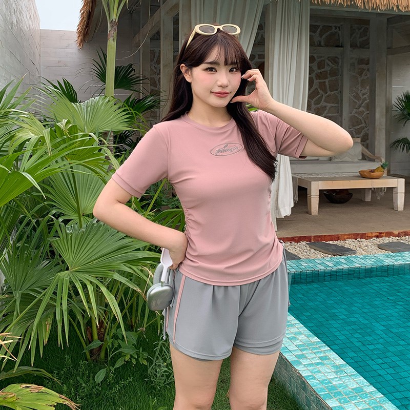 大码泳衣女游泳馆专用胖mm运动分体保守短袖短裤两件套200斤泳装