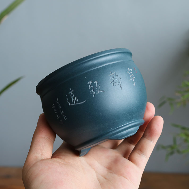 紫砂花盆精品小圆盆全手工刻绘山B水多肉仙人球姬月季微型盆景花